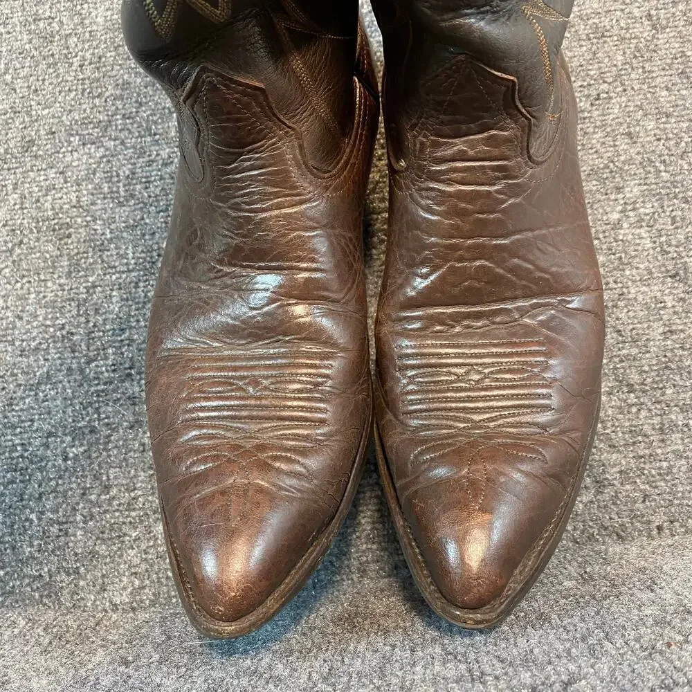 Vintage Nocona 2 Tone Brown Leather Western Cowboy Boots Mens 12.5 Stitching USA